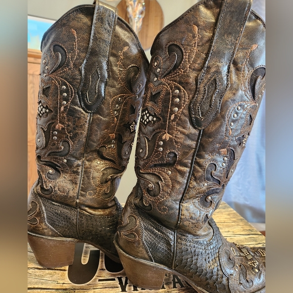 Corral Leather Boots Dark Brown With Rhinestone And Stud Accents Size 7.5 - Picture 2 of 12